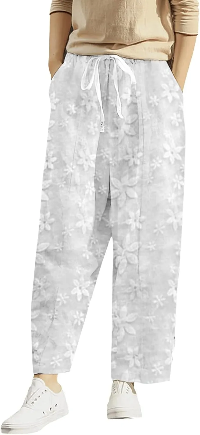 Harem Pants Women,Linen Pants Women Summer Drawstring Elastic Waist Lounge Pant Loose Lightweight Beach Trousers