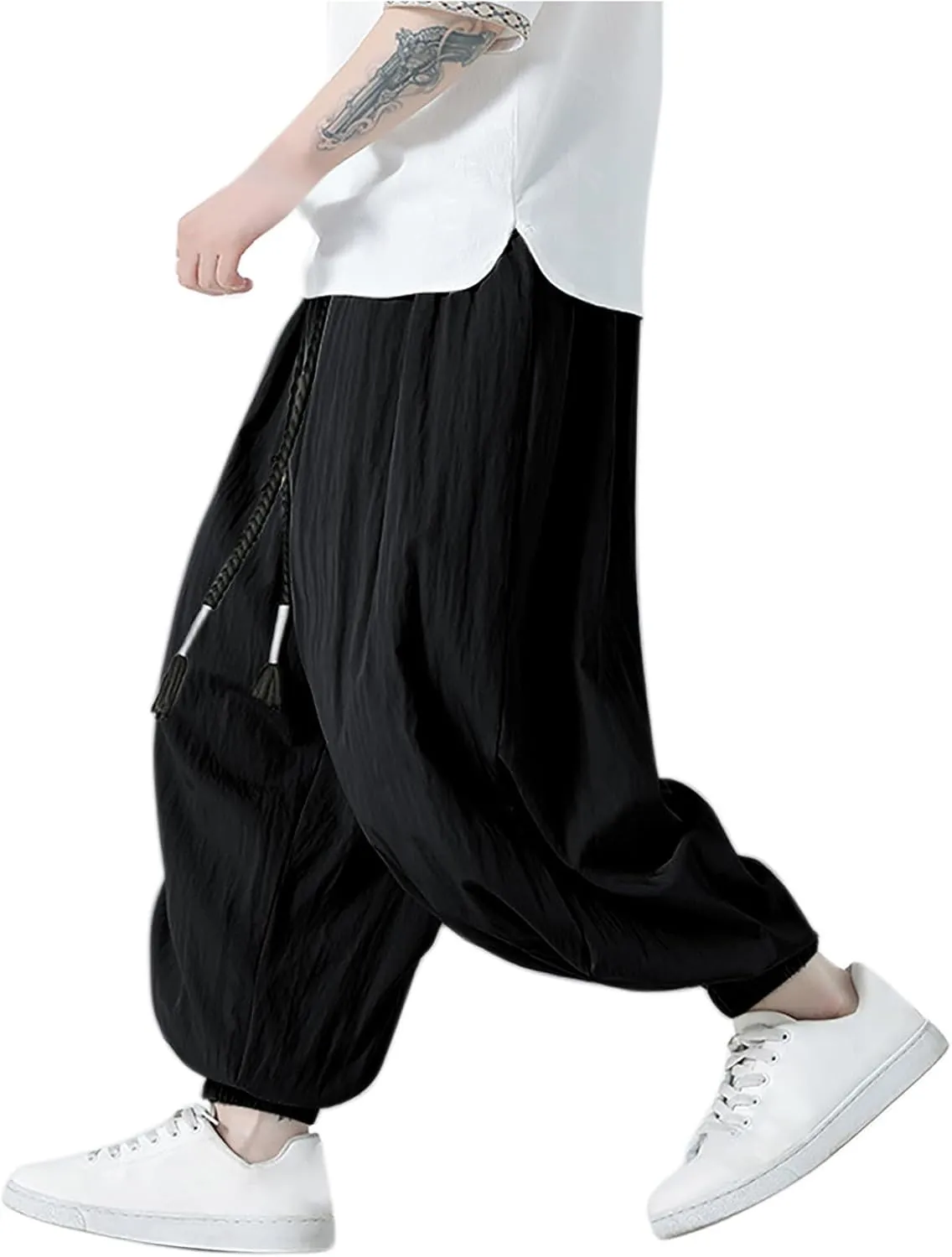Mens Harem Pants Hip Hop Joggers Baggy Casual Drawstring Cotton Linen Trousers with Pockets