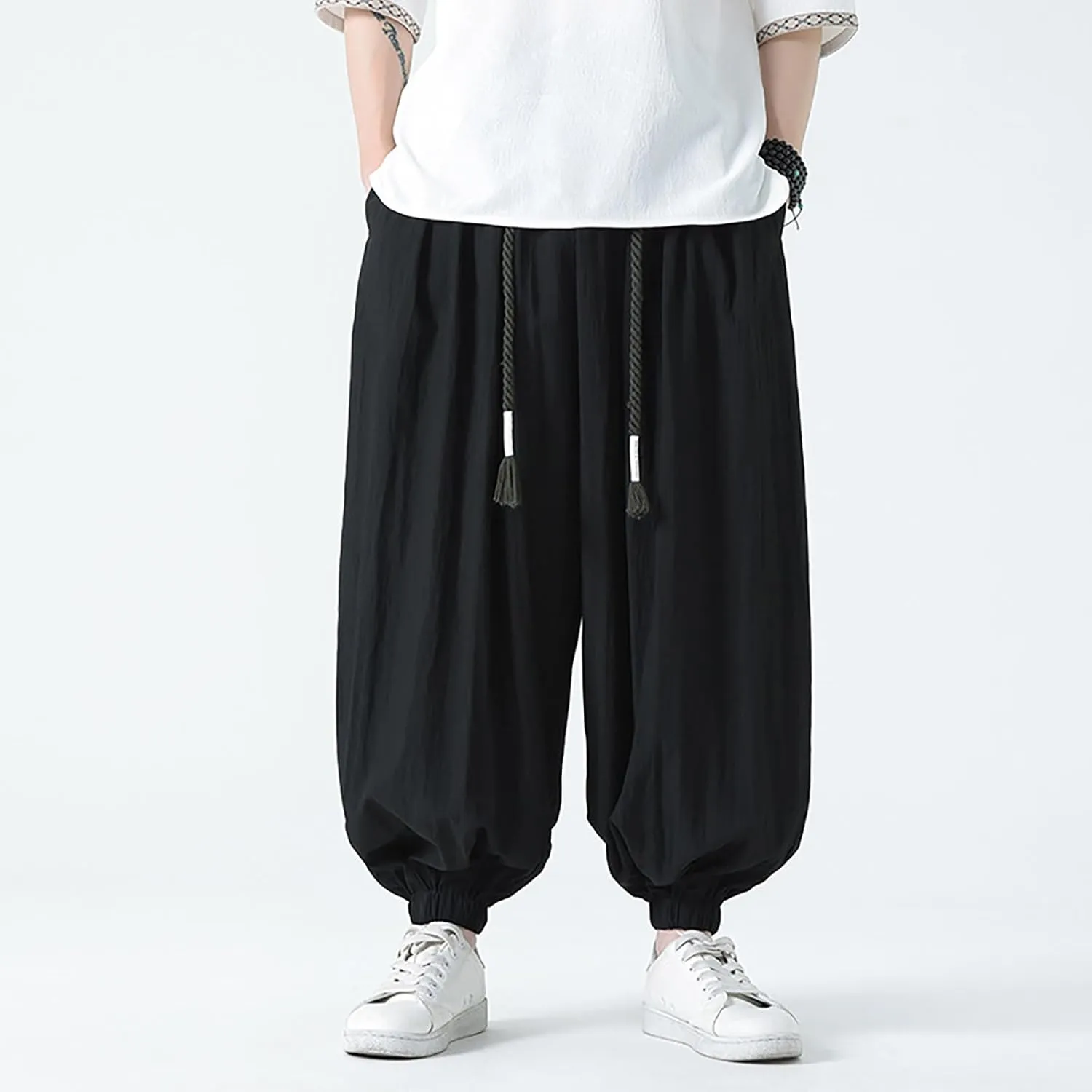 Mens Harem Pants Hip Hop Joggers Baggy Casual Drawstring Cotton Linen Trousers with Pockets
