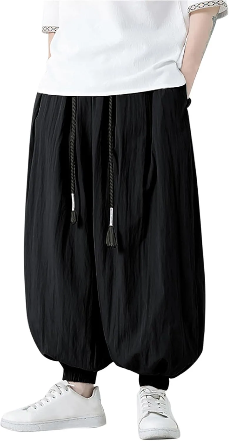 Mens Harem Pants Hip Hop Joggers Baggy Casual Drawstring Cotton Linen Trousers with Pockets