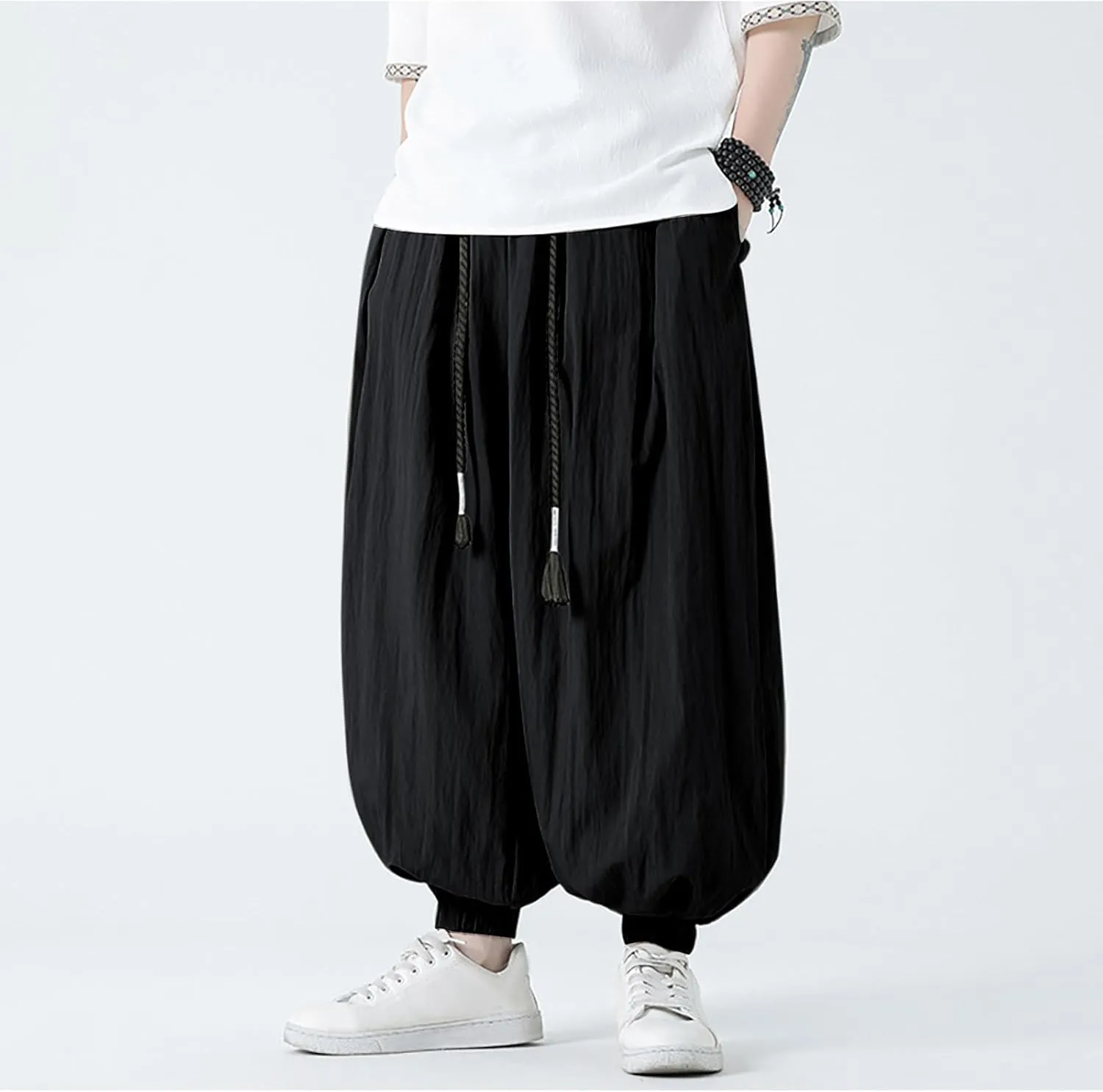 Mens Harem Pants Hip Hop Joggers Baggy Casual Drawstring Cotton Linen Trousers with Pockets