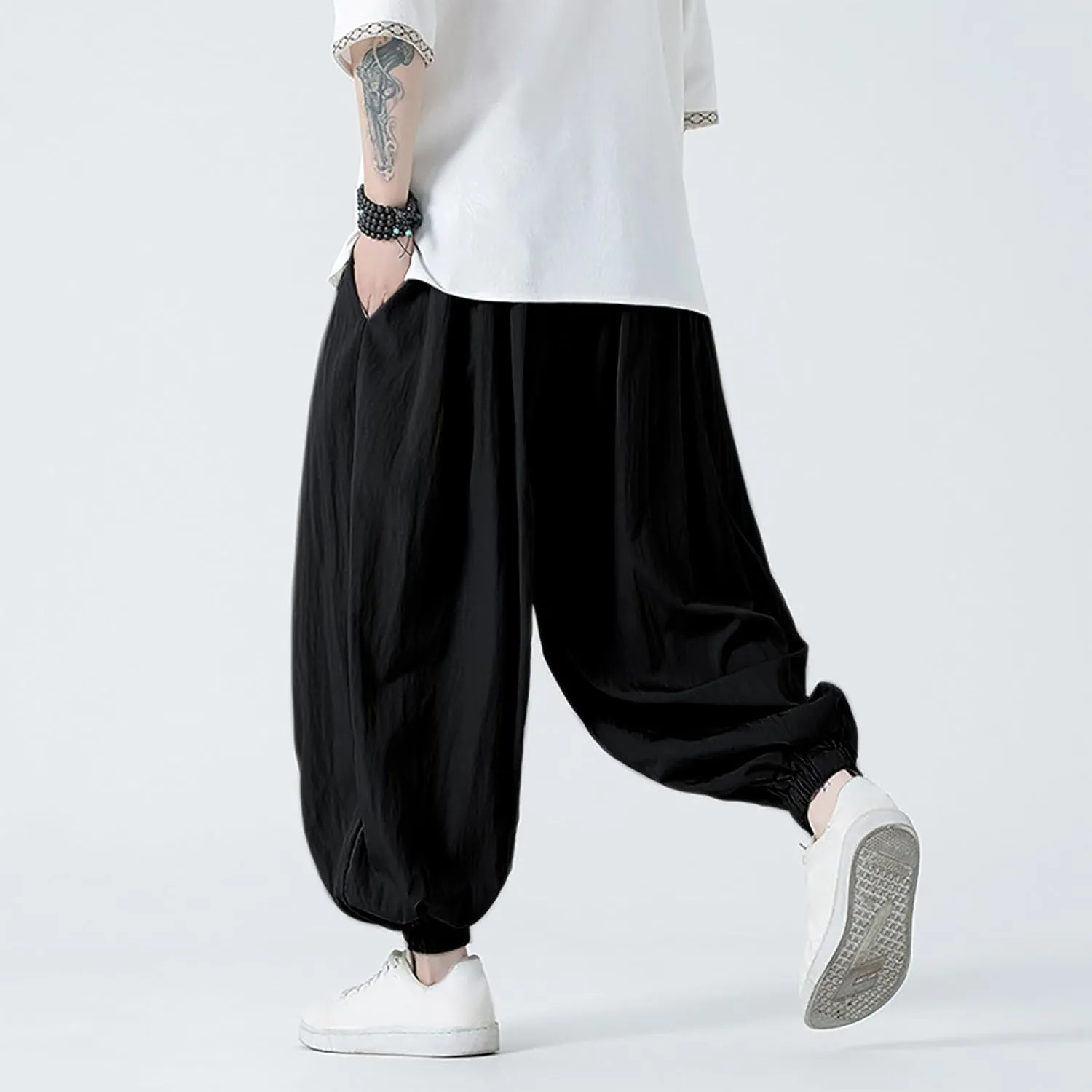 Mens Harem Pants Hip Hop Joggers Baggy Casual Drawstring Cotton Linen Trousers with Pockets