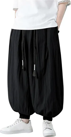 Mens Harem Pants Hip Hop Joggers Baggy Casual Drawstring Cotton Linen Trousers with Pockets