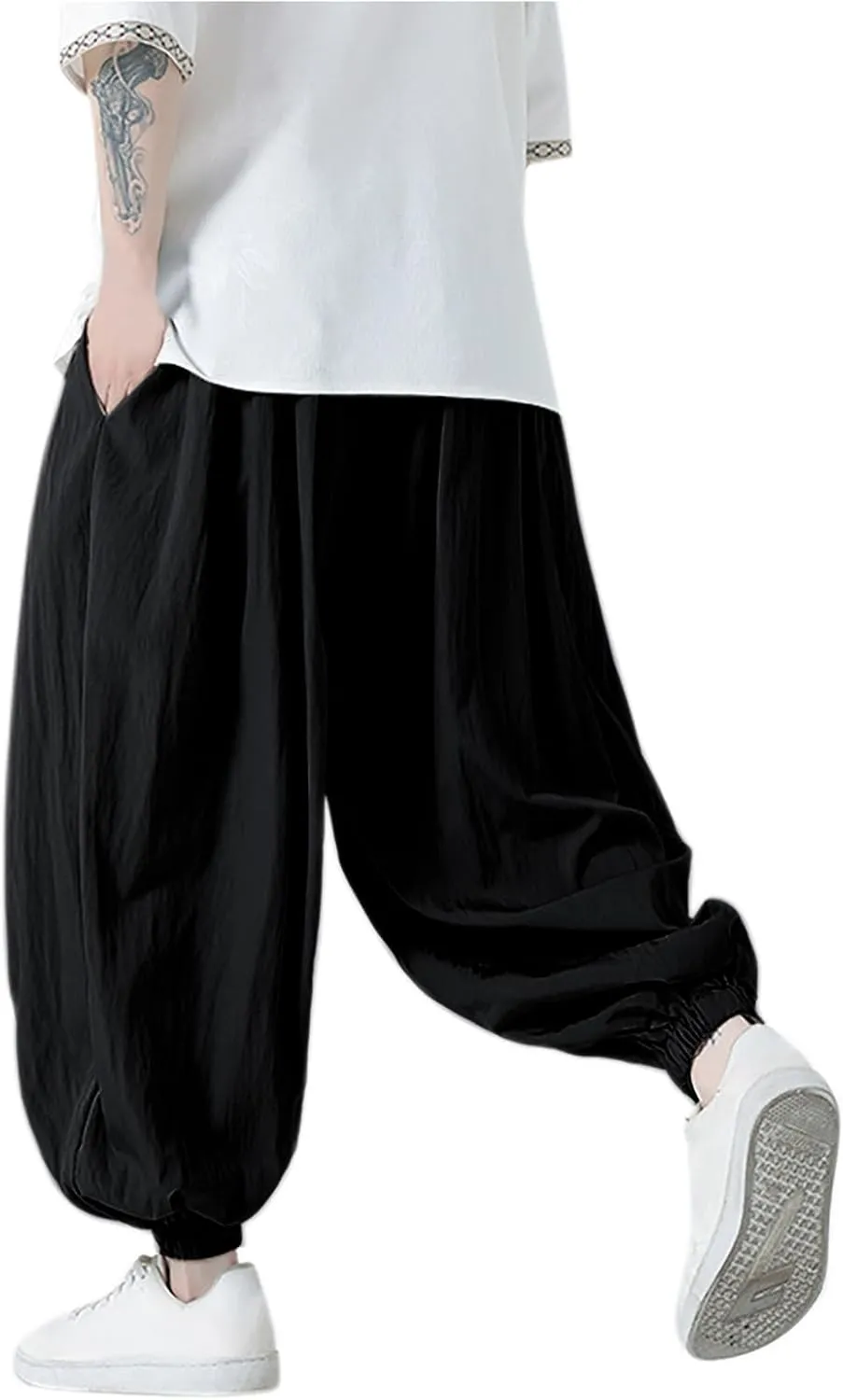 Mens Harem Pants Hip Hop Joggers Baggy Casual Drawstring Cotton Linen Trousers with Pockets