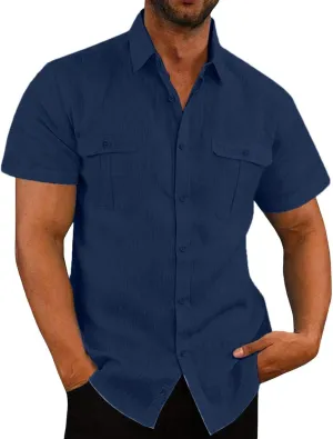Mens Shirts 2024 Summer Cotton Linen Casual Beach T Shirts Button Down Short Sleeve Men Big and Tall Regular Fit Tops
